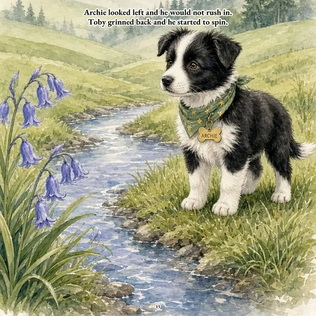 Archie the border collie puppy standing beside a stream among bluebells. Text: Archie looked left and he would not rush in. Toby grinned back and he started to spin.