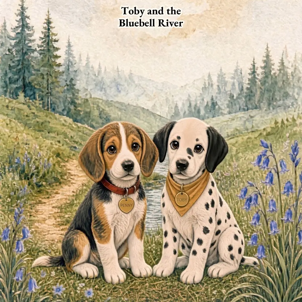 Cover of Toby and the Bluebell River: Toby the dalmatian and a beagle puppy sitting on a bluebell path beside a river, with misty pine-covered hills behind