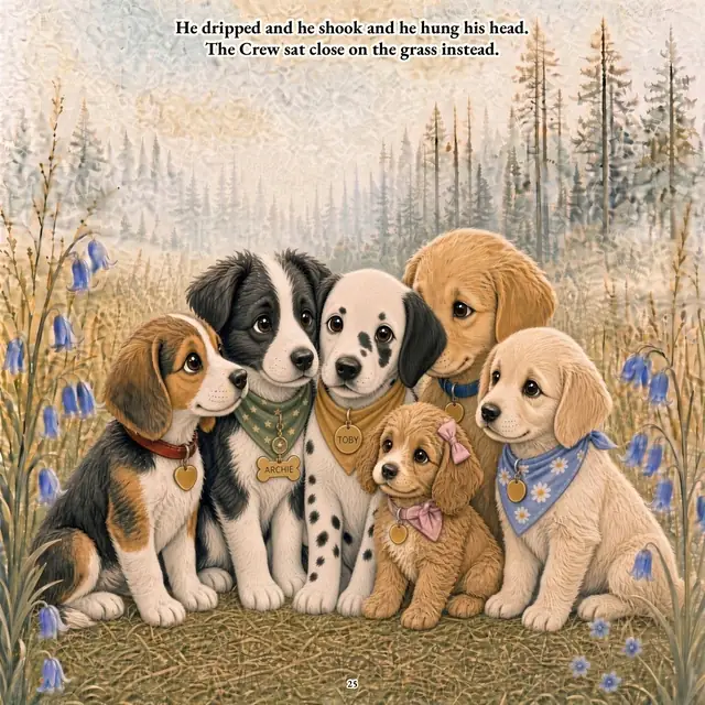 The crew huddled close together on the grass among bluebells after the rescue. Text: He dripped and he shook and he hung his head. The Crew sat close on the grass instead.