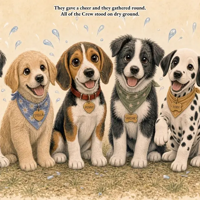 Four happy puppies gathered close together as water droplets fly. Text: They gave a cheer and they gathered round. All of the Crew stood on dry ground.
