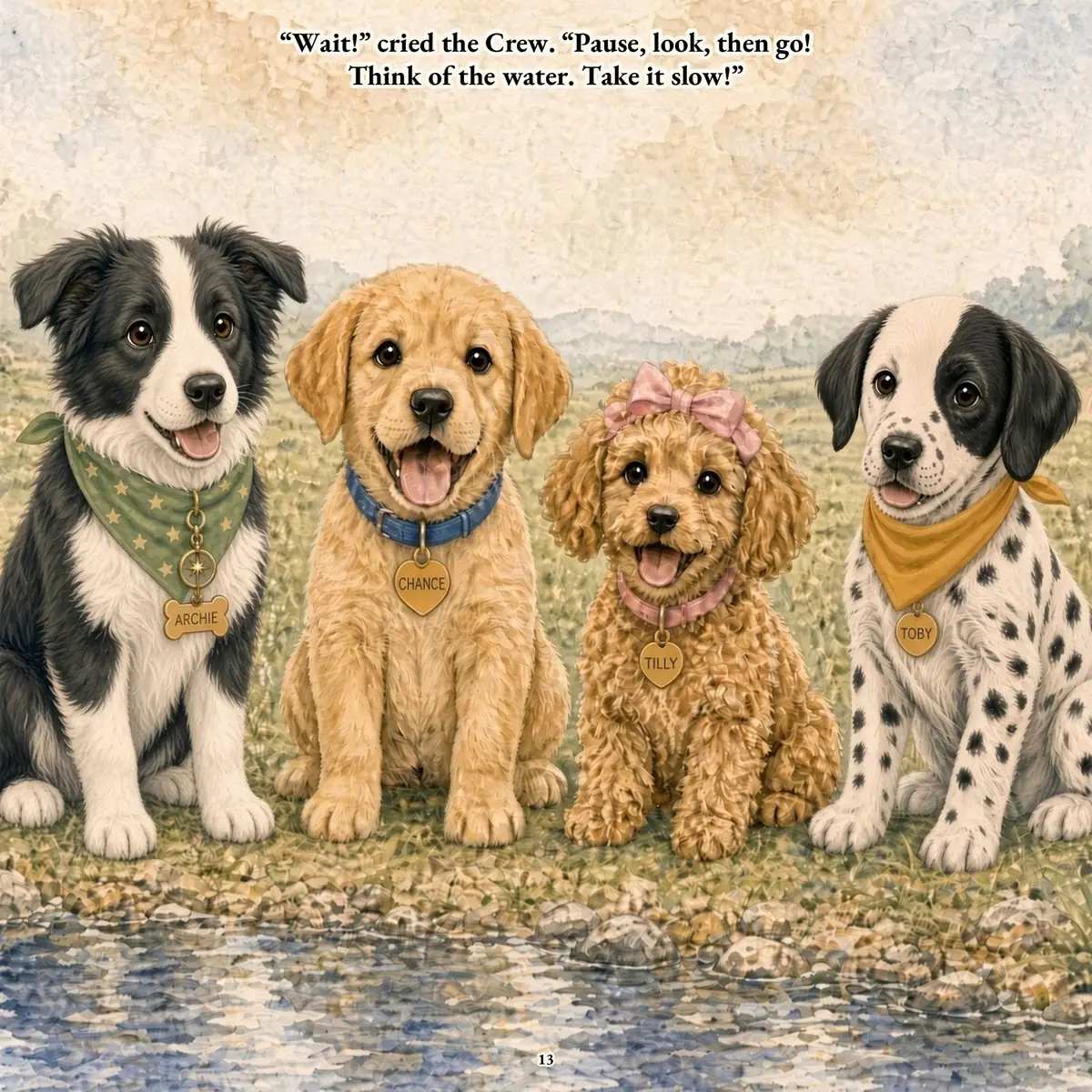 Four puppies lined up beside a stream. Text: “Wait!” cried the Crew. “Pause, look, then go! Think of the water. Take it slow!”