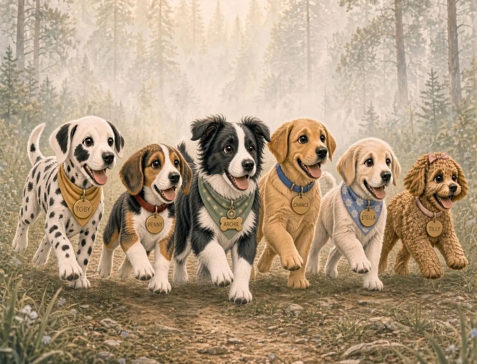 The PACT Crew, six puppies in neckerchiefs and name tags (Toby, Penny, Archie, Chance, Stella and Tilly), trotting together along a misty forest path