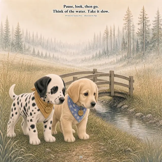 Final page: Toby the dalmatian and a golden puppy by a wooden bridge over a stream. Text: Pause, look, then go. Think of the water. Take it slow.