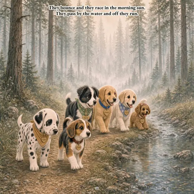 The crew racing along a misty forest track beside the water. Text: They bounce and they race in the morning sun. They pass by the water and off they run.