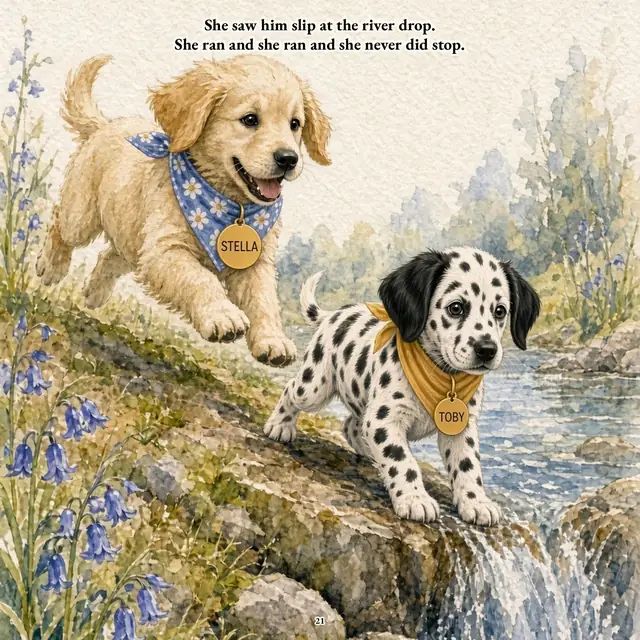 A golden puppy leaping down the bank towards Toby, who is slipping at the edge of the river. Text: She saw him slip at the river drop. She ran and she ran and she never did stop.