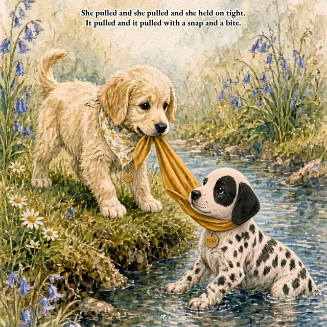 The rescue: a golden puppy pulling Toby out of the river by his neckerchief. Text: She pulled and she pulled and she held on tight. It pulled and it pulled with a snap and a bite.