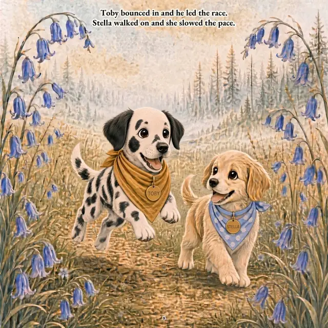 Toby the dalmatian and a golden puppy trotting among tall bluebells. Text: Toby bounced in and he led the race. Stella walked on and she slowed the pace.