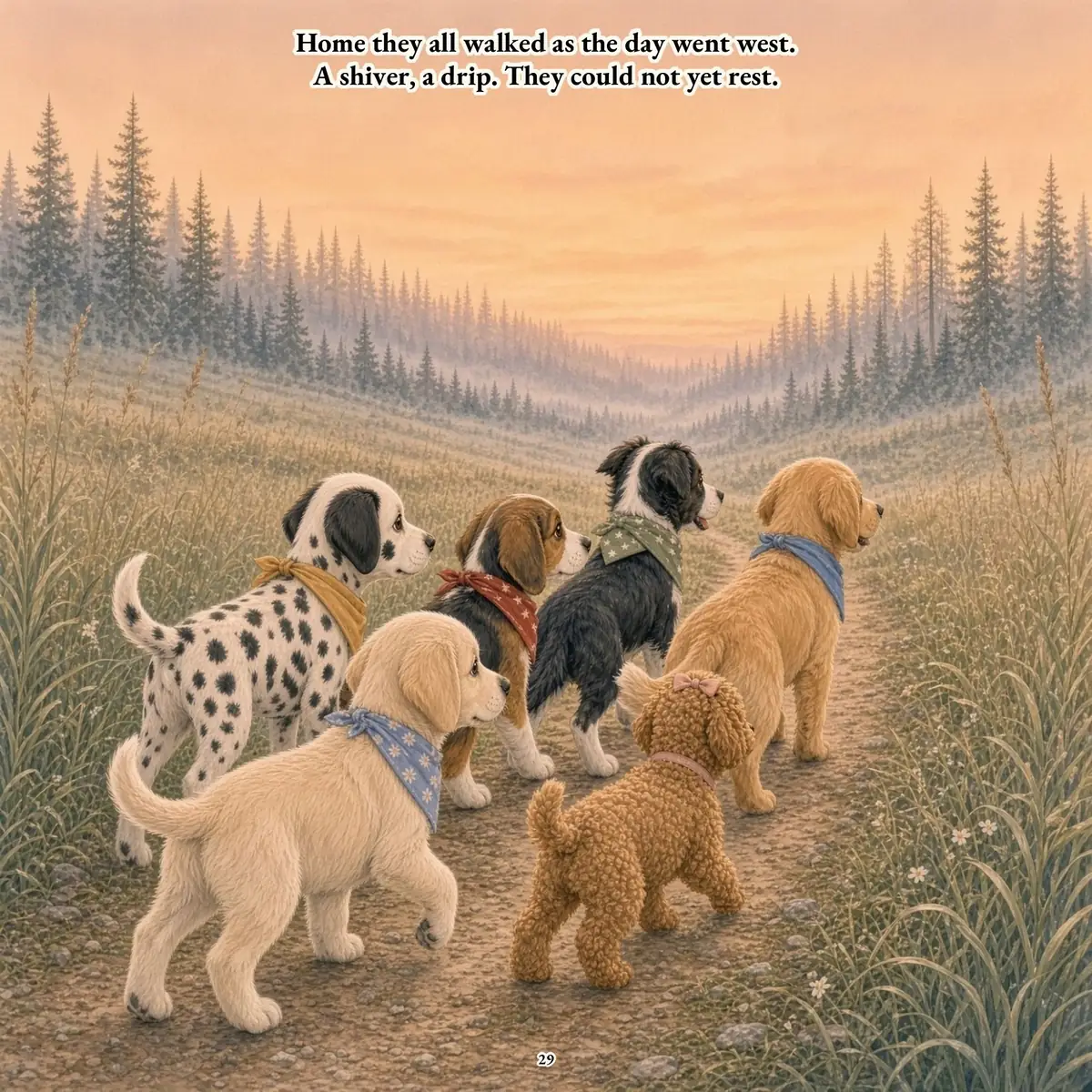 The whole crew walking home together along a path at sunset. Text: Home they all walked as the day went west. A shiver, a drip. They could not yet rest.